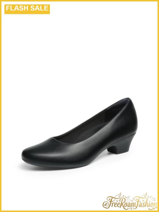 Shoes - Faux Leather Low Block Heel Pumps Arch Support Closed Toe Dress Shoes